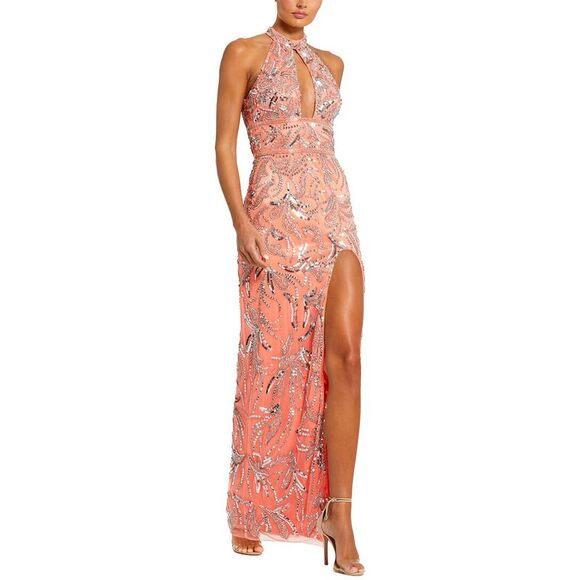Mac Duggal WomensHigh Neck Embellished Mesh Gown With Slit